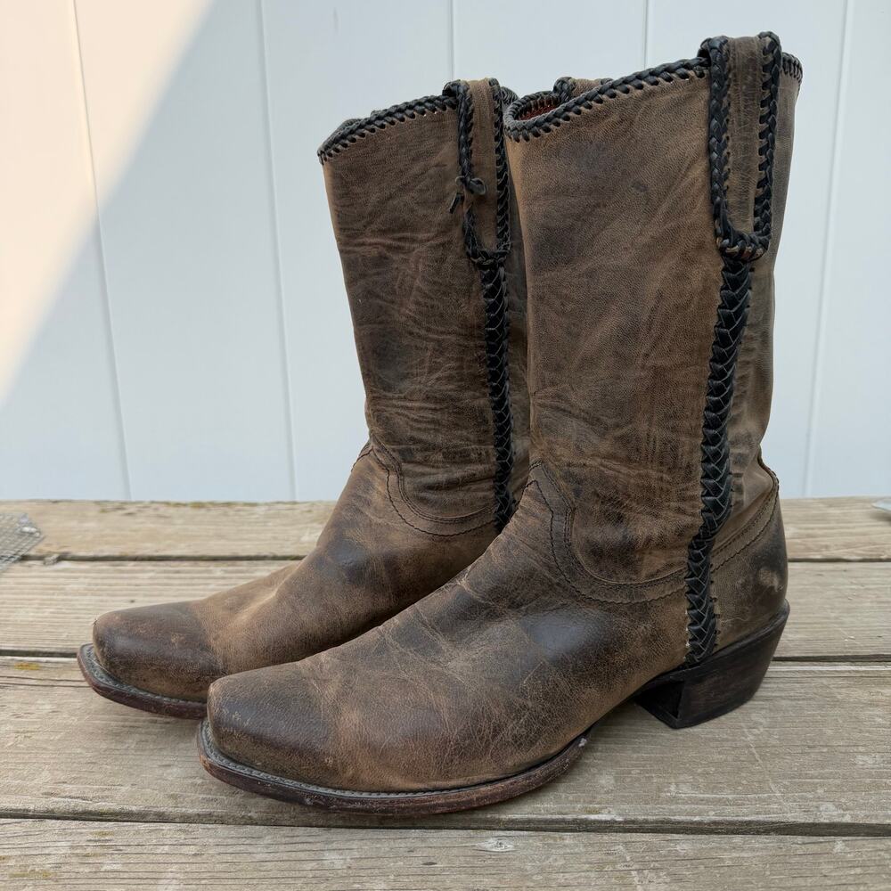 Lucchese Made Dog Laced Brown Leather Snip Square Toe Cowboy Western Boots 12D